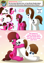 Size: 2460x3480 | Tagged: safe, artist:aarondrawsarts, derpibooru import, oc, oc only, oc:brain teaser, oc:rose bloom, earth pony, always has been, ask, ask brain teaser, brainbloom, butt, butthug, female, hug, male, meme, oc x oc, plot, shipping, straight, the ass was fat, tumblr