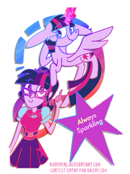 Size: 600x800 | Tagged: safe, artist:twilightcomet, derpibooru import, sci-twi, twilight sparkle, twilight sparkle (alicorn), alicorn, pony, equestria girls, clothes, duo, female, flying, glowing horn, horn, human ponidox, mare, self ponidox, simple background, skirt, smiling, text, transparent background, twolight