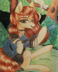 Size: 1080x1350 | Tagged: safe, artist:jonny_flex69, derpibooru import, oc, oc only, cat, earth pony, pony, choker, clothes, earth pony oc, female, guitar, jewelry, mare, musical instrument, necklace, outdoors, sitting, solo, traditional art, tree