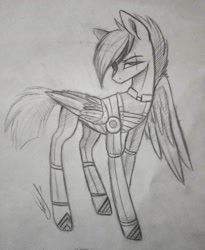 Size: 1080x1320 | Tagged: safe, artist:jonny_flex69, derpibooru import, rainbow dash, pegasus, pony, alternate timeline, amputee, apocalypse dash, armor, artificial wings, augmented, crystal war timeline, eye scar, eyepatch, female, grayscale, lineart, mare, monochrome, prosthetic limb, prosthetic wing, prosthetics, scar, solo, traditional art, wings