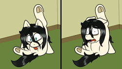 Size: 1503x850 | Tagged: safe, artist:scraggleman, derpibooru import, oc, oc only, oc:floor bored, earth pony, pony, behaving like a cat, disgusted, featureless crotch, female, floppy ears, frog (hoof), instant regret, licking, mare, solo, tongue out, underhoof