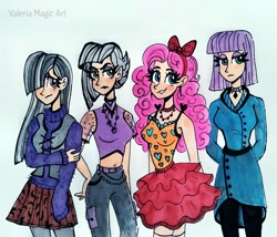 Size: 3402x2906 | Tagged: safe, artist:valeriamagicart, derpibooru import, limestone pie, marble pie, maud pie, pinkie pie, human, bow, breasts, clothes, dress, ear piercing, earring, female, hair over one eye, humanized, jeans, jewelry, miniskirt, necklace, pants, pie sisters, piercing, pinkie pies, siblings, sisters, skirt, smiling, sweater