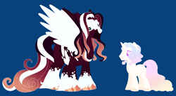 Size: 1022x562 | Tagged: safe, artist:vintagefeline, derpibooru import, oc, oc:persephone, oc:zander, pegasus, pony, unicorn, blue background, cousins, ethereal mane, female, magical lesbian spawn, magical threesome spawn, male, mare, offspring, parent:big macintosh, parent:nurse redheart, parent:princess celestia, parent:princess luna, parent:trouble shoes, simple background, stallion, starry mane