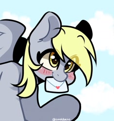 Size: 1350x1434 | Tagged: safe, artist:cottonsweets, derpibooru import, derpy hooves, pegasus, pony, blushing, cloud, cute, derpabetes, eye clipping through hair, female, flying, letter, mare, mouth hold, sky, solo