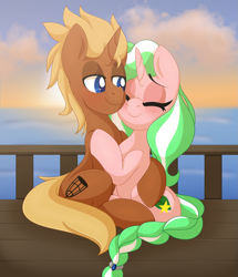 Size: 1761x2047 | Tagged: safe, artist:pearlyiridescence, derpibooru import, oc, oc only, oc:honeydew, oc:scuffle, pony, unicorn, fanfic:magic of the heart, blushing, braided tail, cuddling, cute, deck, duo, eyes closed, female, freckles, hug, male, mare, ocean, ship, shipping, smiling, stallion, straight, sunrise