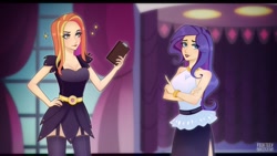 Size: 1280x720 | Tagged: safe, artist:feekteev, derpibooru import, rarity, sassy saddles, human, canterlot boutique, clipboard, duo, female, garter belt, hand on hip, humanized, pencil skirt, redraw, side slit, sleeveless