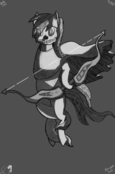 Size: 8818x13394 | Tagged: safe, artist:nacl69, derpibooru import, rainbow dash, pegasus, pony, amanecida of the bejeweled arrow, black and white, blasphemous, bow, cloak, clothes, grayscale, levitation, magic, mask, monochrome, skull, telekinesis