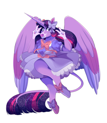 Size: 2100x2400 | Tagged: safe, artist:uunicornicc, derpibooru import, twilight sparkle, twilight sparkle (alicorn), alicorn, anthro, classical unicorn, unicorn, bowtie, clothes, cloven hooves, colored wings, dress, ethereal mane, leonine tail, looking at you, multicolored wings, simple background, smiling, smiling at you, solo, starry mane, transparent background, unshorn fetlocks, wings