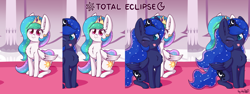 Size: 4096x1536 | Tagged: safe, artist:dsp2003, princess celestia, princess luna, alicorn, pony, 2018, :3, :p, alicorn eclipse, behaving like a cat, blushing, cheek fluff, chest fluff, chibi, colored pupils, cute, cutelestia, dsp2003 is trying to murder us, duo, ear fluff, eclipse, female, hnnng, looking at you, lunabetes, mare, missing accessory, one eye closed, ponified meme, royal sisters, signature, silly, sitting, smiling, solar eclipse, sparkles, starry eyes, tongue out, weapons-grade cute, wingding eyes, wink