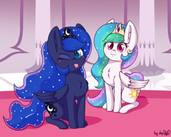 Size: 1920x1536 | Tagged: safe, artist:dsp2003, princess celestia, princess luna, alicorn, pony, 2018, :3, :p, behaving like a cat, blushing, cheek fluff, chest fluff, chibi, colored pupils, comet, cute, cutelestia, dsp2003 is trying to murder us, duo, ear fluff, ethereal mane, female, hnnng, looking at you, lunabetes, mare, missing accessory, one eye closed, royal sisters, siblings, signature, silly, sisters, sitting, smiling, sparkles, starry eyes, starry mane, tongue out, weapons-grade cute, wingding eyes, wink, winking at you