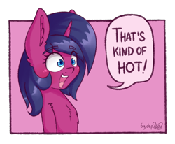 Size: 1126x928 | Tagged: safe, artist:dsp2003, oc, oc only, oc:fizzy pop, pony, unicorn, 2018, blushing, bust, chest fluff, comic, female, mare, open mouth, parody, ponified meme, portrait, signature, simple background, single panel, speech bubble, that's kind of hot, transparent background