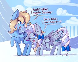 Size: 1920x1536 | Tagged: safe, artist:dsp2003, oc, oc only, oc:flakey hailstone, oc:lusty symphony, pegasus, pony, 2018, behaving like a cat, blushing, bow, cloud, cloudsdale, comic, commission, cute, duo, duo female, female, hair bow, heart, mare, one eye closed, open mouth, single panel, tail bow