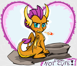 Size: 1416x1210 | Tagged: safe, artist:sallycars, derpibooru import, smolder, dragon, blatant lies, blushing, cute, denial's not just a river in egypt, dragoness, dragonfire, female, fire, heart, i'm not cute, looking at you, rock, sitting, smolderbetes, smoldere, solo, tsundere