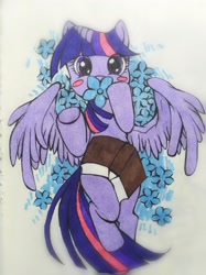 Size: 1532x2048 | Tagged: safe, artist:roya, derpibooru import, twilight sparkle, twilight sparkle (alicorn), alicorn, pony, blush sticker, blushing, book, cute, eye clipping through hair, flower, on back, pixiv, solo, traditional art, twiabetes