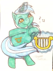 Size: 1532x2048 | Tagged: safe, artist:roya, derpibooru import, lyra heartstrings, magic, marker drawing, playing instrument, solo, traditional art