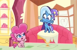 Size: 1280x833 | Tagged: safe, derpibooru import, screencap, pinkie pie, trixie, earth pony, pony, unicorn, friendship gems, my little pony: pony life, spoiler:pony life s01e17, bipedal, cape, clothes, confused, hat, sitting