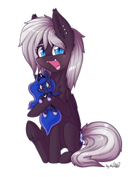 Size: 1600x2100 | Tagged: safe, artist:dsp2003, princess luna, oc, oc:stargazer, bat pony, pony, 2019 community collab, bat pony oc, cute, cute little fangs, derpibooru community collaboration, dsp2003 is trying to murder us, fangs, female, hnnng, hoof hold, mare, open mouth, piercing, plushie, silly, simple background, sitting, solo, transparent background