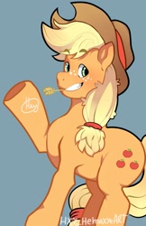 Size: 1243x1920 | Tagged: safe, artist:hxy-hemaxye-art, derpibooru import, applejack, earth pony, pony, blue background, female, looking at you, mare, simple background, smiling, solo, straw in mouth