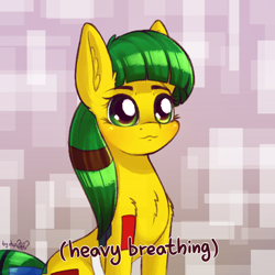 Size: 1536x1536 | Tagged: safe, artist:dsp2003, oc, oc only, oc:blocky bits, earth pony, pony, 2018, :3, abstract background, behaving like a cat, blushing, cute, descriptive noise, female, heavy breathing, mare, ponified meme