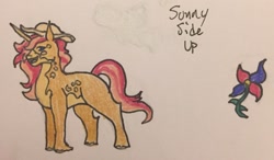 Size: 935x547 | Tagged: safe, artist:silvermlp, derpibooru import, oc, oc:sunny side up, pony, unicorn, magical gay spawn, offspring, parent:big macintosh, parent:donut joe, parents:donutmac, solo, traditional art