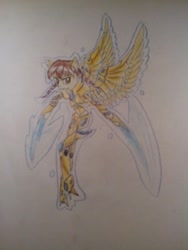 Size: 640x853 | Tagged: safe, artist:kiwwsplash, derpibooru import, oc, oc only, anthro, pegasus, armor, flying, pegasus oc, solo, sword, traditional art, weapon, wings