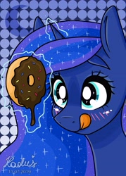 Size: 4133x5787 | Tagged: safe, artist:madkadd, derpibooru import, princess luna, alicorn, pony, absurd resolution, blushing, bust, cute, donut, ethereal mane, eyebrows, eyes on the prize, female, food, glowing horn, horn, hungry, levitation, licking, licking lips, looking at something, lunabetes, magic, mare, polka dot background, signature, simple background, solo, starry mane, telekinesis, tongue out