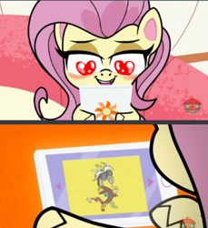 Size: 1303x1422 | Tagged: safe, derpibooru import, edit, edited screencap, screencap, discord, fluttershy, pegasus, pony, campfire stories, my little pony: pony life, spoiler:pony life s01e16, blushing, discoshy, female, flexing, flirty, funny, heart eyes, male, muscles, pictures, seductive look, shipping, straight, sunglasses, tablet, technology, wingding eyes