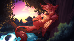 Size: 3840x2160 | Tagged: safe, artist:sugaryviolet, derpibooru import, oc, oc:fynnegan, griffon, against tree, chillaxing, cute, eyes closed, griffon oc, handsome, high res, male, river, scenery, signature, smiling, solo, tree, tree branch, waterfall