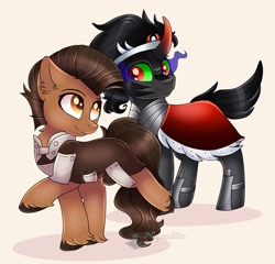 Size: 2546x2448 | Tagged: safe, artist:2pandita, derpibooru import, king sombra, oc, pony, brown eyes, brown mane, clothes, eye contact, looking at each other, male, raised hoof, smiling, stallion, unshorn fetlocks