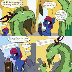 Size: 2562x2562 | Tagged: safe, artist:professor-ponyarity, derpibooru import, oc, oc:degama, oc:rye, dragon, earth pony, pony, bottle, butt, comic, female, mare, plot, tumblr:ask rye dimar dragon