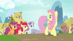 Size: 1920x1080 | Tagged: safe, derpibooru import, screencap, apple bloom, fluttershy, scootaloo, sweetie belle, pegasus, pony, growing up is hard to do, cutie mark crusaders