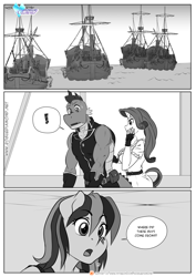 Size: 1200x1697 | Tagged: safe, artist:pia-sama, derpibooru import, rainbow dash, rarity, spike, anthro, dragon, pegasus, unicorn, comic:rogue diamond, female, lidded eyes, male, mare, monochrome, older, older spike, pirate ship, ship, sweat, sweatdrop