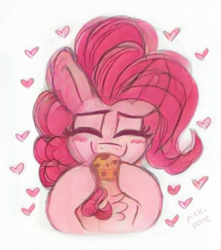 Size: 512x578 | Tagged: safe, artist:pink-pone, derpibooru import, pinkie pie, earth pony, pony, blushing, chest fluff, cute, diapinkes, eating, eyes closed, floating heart, food, heart, muffin, simple background, white background