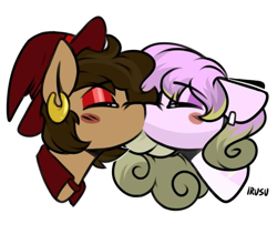 Size: 727x641 | Tagged: safe, artist:irusu_kun, derpibooru import, oc, oc:faith naiva, oc:hazelnut brew, bat pony, pegasus, bat pony oc, bat wings, commission, ear piercing, earth pony oc, eyeshadow, hat, hatless, kissing, makeup, missing accessory, multicolored mane, pegasus oc, wings