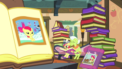 Size: 1920x1080 | Tagged: safe, derpibooru import, screencap, apple bloom, granny smith, winona, dog, earth pony, pony, ponyville confidential, baby, baby pony, book, butt, coppertone parody, diaper, female, filly, mare, photo, plot, puppy, sitting