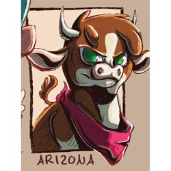 Size: 1080x1080 | Tagged: safe, alternate version, artist:artmadebyred, derpibooru import, arizona cow, cow, them's fightin' herds, bust, community related, female, horns, neckerchief, open mouth, smiling, solo