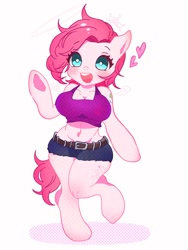 Size: 768x1024 | Tagged: safe, artist:raimugi____, derpibooru import, pinkie pie, earth pony, pony, semi-anthro, breasts, clothes, cute, diapinkes, digital art, female, heart, pinkie pies, shorts, smiling, solo, tail, top