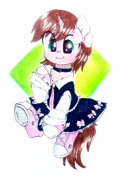 Size: 1280x1846 | Tagged: safe, artist:liaaqila, derpibooru import, oc, oc only, oc:ryleigh, pony, unicorn, bow, clothes, collar, commission, converse, cute, dress, female, mare, necktie, ocbetes, shoes, simple background, sneakers, solo, traditional art