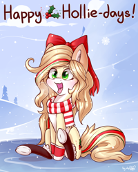 Size: 1920x2400 | Tagged: safe, artist:dsp2003, oc, oc only, oc:hollie, earth pony, pony, 2018, blushing, boots, bow, clothes, cloud, commission, cross-eyed, cute, female, hair bow, happy holidays, holly, ice, mare, pun, scarf, shoes, sitting, snow, snowfall, snowflake, solo, tongue out, winter