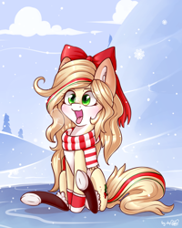 Size: 1920x2400 | Tagged: safe, alternate version, artist:dsp2003, oc, oc only, oc:hollie, earth pony, pony, 2018, blushing, boots, bow, clothes, cloud, commission, cross-eyed, cute, female, hair bow, ice, mare, scarf, shoes, sitting, snow, snowfall, snowflake, solo, textless, tongue out, winter