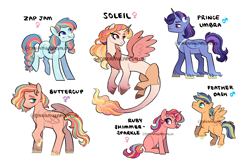 Size: 3600x2400 | Tagged: safe, artist:dreamscapevalley, derpibooru import, oc, oc only, oc:buttercup, oc:feather dash, oc:prince umbra, oc:princess soleil, oc:ruby shimmer-sparkle, oc:zap jam, alicorn, earth pony, hybrid, pegasus, pony, unicorn, blank flank, colt, dappled, draconequus hybrid, ethereal mane, female, filly, freckles, hair accessory, hoof fluff, horn, horn jewelry, interspecies offspring, jewelry, long feather, magical gay spawn, magical lesbian spawn, male, mare, necklace, next generation, offspring, parent:applejack, parent:big macintosh, parent:discord, parent:flash sentry, parent:fluttershy, parent:princess celestia, parent:princess luna, parent:rainbow dash, parent:sunburst, parent:sunset shimmer, parent:tempest shadow, parent:twilight sparkle, parents:appledash, parents:dislestia, parents:flashburst, parents:fluttermac, parents:sunsetsparkle, parents:tempestluna, simple background, stallion, unshorn fetlocks, watermark, white background