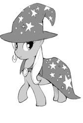 Size: 338x500 | Tagged: safe, artist:strtrada, derpibooru import, trixie, cape, clothes, digital art, hat, monochrome, solo, trixie's cape, trixie's hat