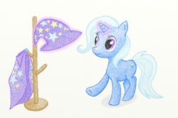 Size: 1000x662 | Tagged: safe, artist:daisuke_3peace, derpibooru import, trixie, unicorn, cape, clothes, colored pencil drawing, hat, magic, solo, traditional art, trixie's cape, trixie's hat