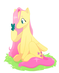 Size: 500x626 | Tagged: safe, artist:sugarponiess, derpibooru import, fluttershy, butterfly, pegasus, pony, cute, female, mare, shyabetes, simple background, sitting, solo, white background