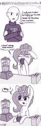 Size: 1024x3072 | Tagged: safe, artist:dsp2003, oc, oc:brownie bun, oc:richard, earth pony, human, pony, horse wife, 2019, asdfmovie, blender (object), blushing, bread, clothes, coffee mug, comic, cross-popping veins, descriptive noise, female, food, hello, loss (meme), male, mare, mine turtle, monochrome, mug, open mouth, parody, speech bubble, sweater, this will end in property damage, toast, toaster, updated