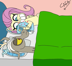 Size: 1619x1492 | Tagged: safe, artist:cafakero, derpibooru import, discord, finn tastic, fluttershy, pegasus, pony, my little pony: pony life, ah yes me my girlfriend and her x, bed, body pillow, discoshy, female, grin, male, mare, meme, shipping, smiling, straight