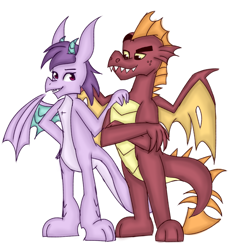 Size: 1638x1767 | Tagged: safe, artist:starflashing twinkle, derpibooru import, garble, prominence, dragon, claws, dragoness, female, garbinence, looking at each other, male, shipping, simple background, straight, white background