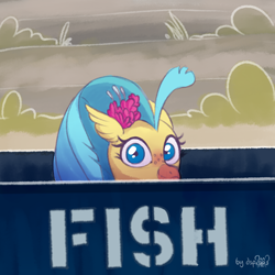 Size: 1536x1536 | Tagged: safe, artist:dsp2003, princess skystar, classical hippogriff, hippogriff, my little pony: the movie, 2019, cute, dumpster, female, flower, flower in hair, implied salmon, looking at you, maybe salmon, not salmon yet salmon, peeking, ponified meme, pun, smiling, solo, soon, wat, wide eyes