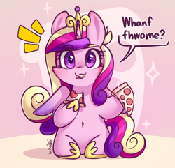 Size: 1330x1280 | Tagged: safe, artist:dsp2003, princess cadance, alicorn, pony, 2019, abstract background, belly button, bipedal, blushing, chibi, comic, cute, cutedance, female, food, full mouth, lifeloser-ish, looking at you, mare, meat, peetzer, pepperoni, pepperoni pizza, pizza, ponies eating meat, salami, signature, single panel, sitting, that pony sure does love pizza, this will end in weight gain