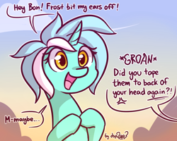 Size: 640x512 | Tagged: safe, artist:dsp2003, bon bon, lyra heartstrings, sweetie drops, pony, unicorn, 2019, bon bon is not amused, comic, cross-popping veins, cute, exclamation point, female, interrobang, irrational exuberance, l.u.l.s., lyrabetes, mare, no ears, offscreen character, open mouth, question mark, silly, silly pony, single panel, smiling, unamused, why